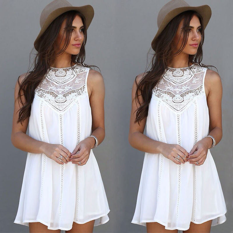 Fashion Tassel Solid White Mini Lace Dress Summer Dress Sexy Women Casual Sleeveless Beach Short Dress Vestidos Plus Size - CelebritystyleFashion.com.au online clothing shop australia