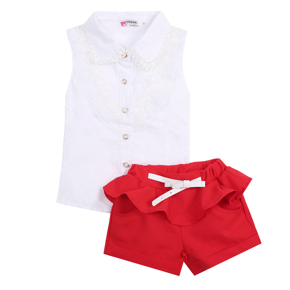 Summer fashion Girl lace white blouses+ red shorts clothing set kids clothes sets twinset