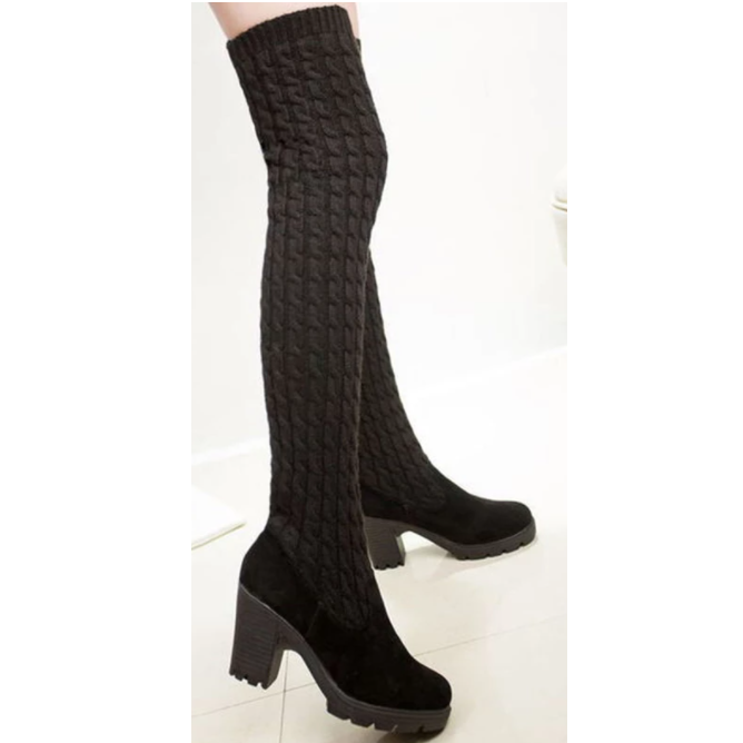 Women Boots Ladies Fashion Flat Bottom Boots Shoes Over The Knee Thigh High Knitting wool Long Brand Boots