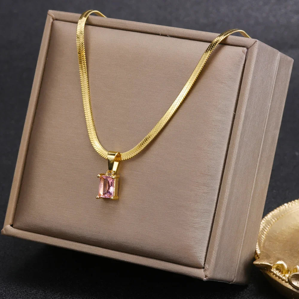 Vintage Rust Steel Zircon Necklace Flat Snake Bone Chain Blade Chain Square Emerald Pendant Necklace Women-Dollar Bargains Online Shopping Australia