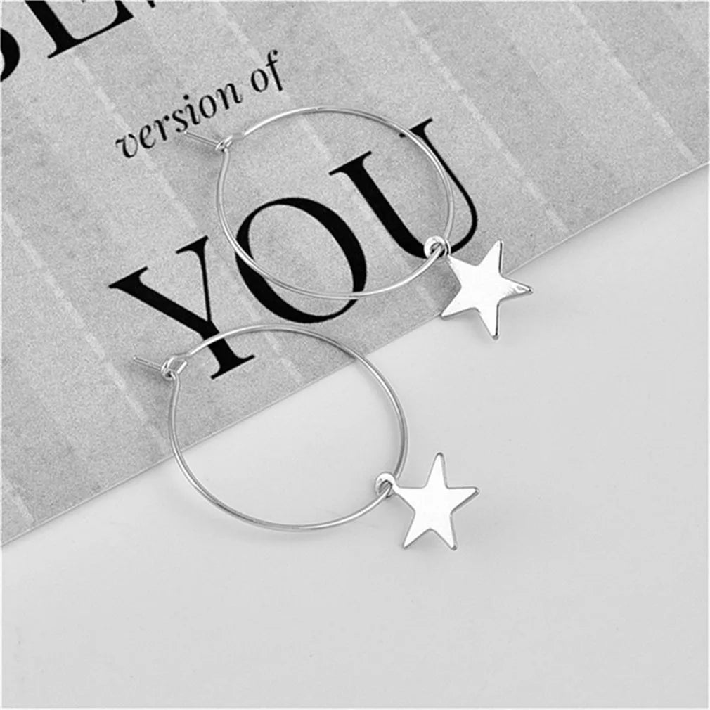 Big Circle Round Star Pendant Earrings for Women Simple Gold Color Party Jewelry