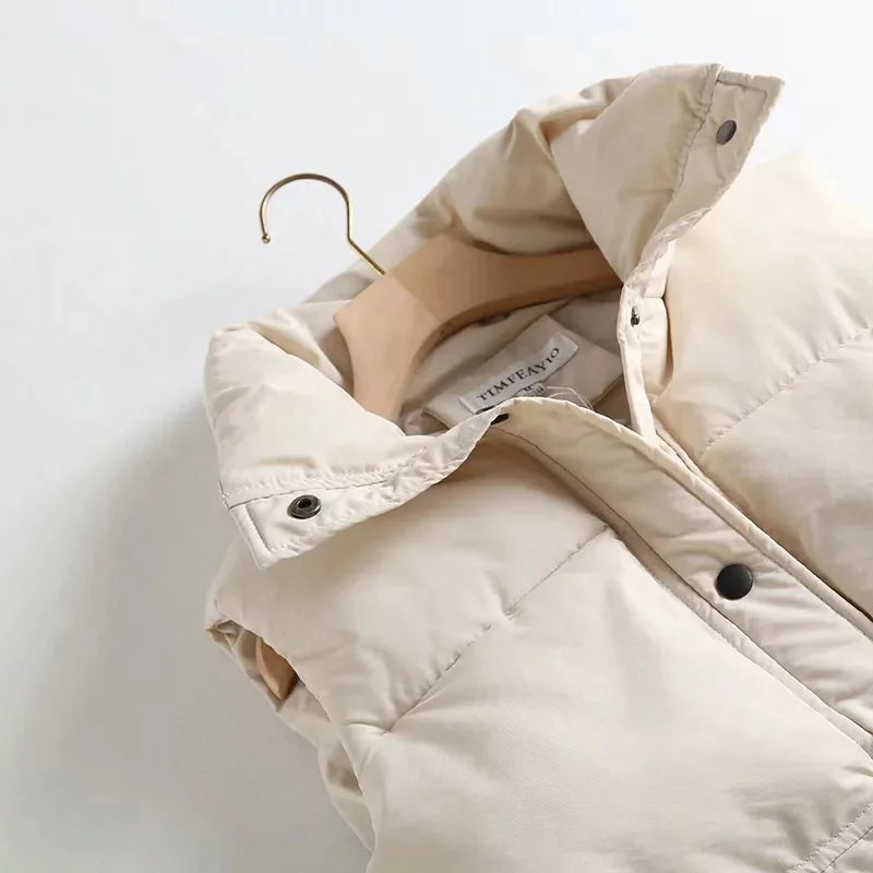 Women Solid Loose Vest Drawstring Stand Collar Long Vest Jacket  Cotton Padded Women Windproof Warm Waistcoat