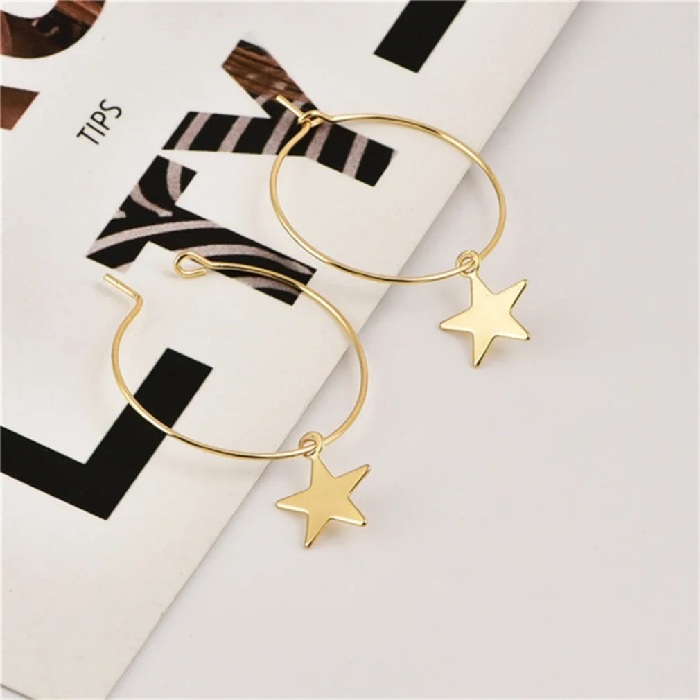 Big Circle Round Star Pendant Earrings for Women Simple Gold Color Party Jewelry