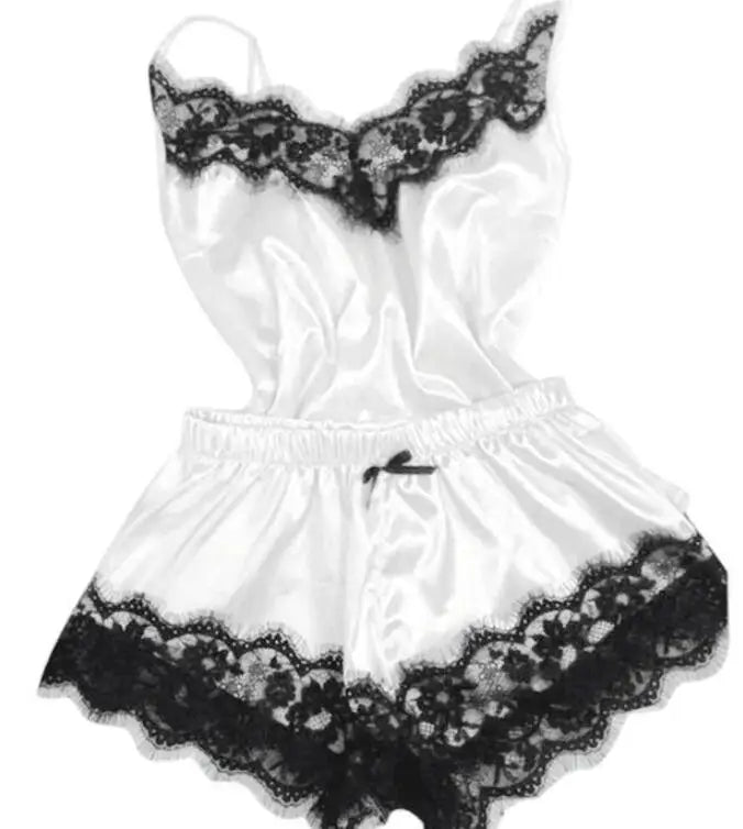 Women Bow Sleepwear Sleeveless Strap Nightwear Lace Trim Satin Cami Top Pajama Sets lingerie pyjamas women-Dollar Bargains Online Shopping Australia