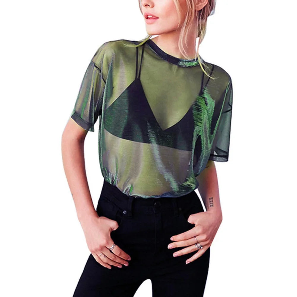 Sexy See Through T Shirt Women Sheer Mesh Fish Net Short Sleeve O Neck Crop Top T-Shirt Summer Lady Clubwear-Dollar Bargains Online Shopping Australia
