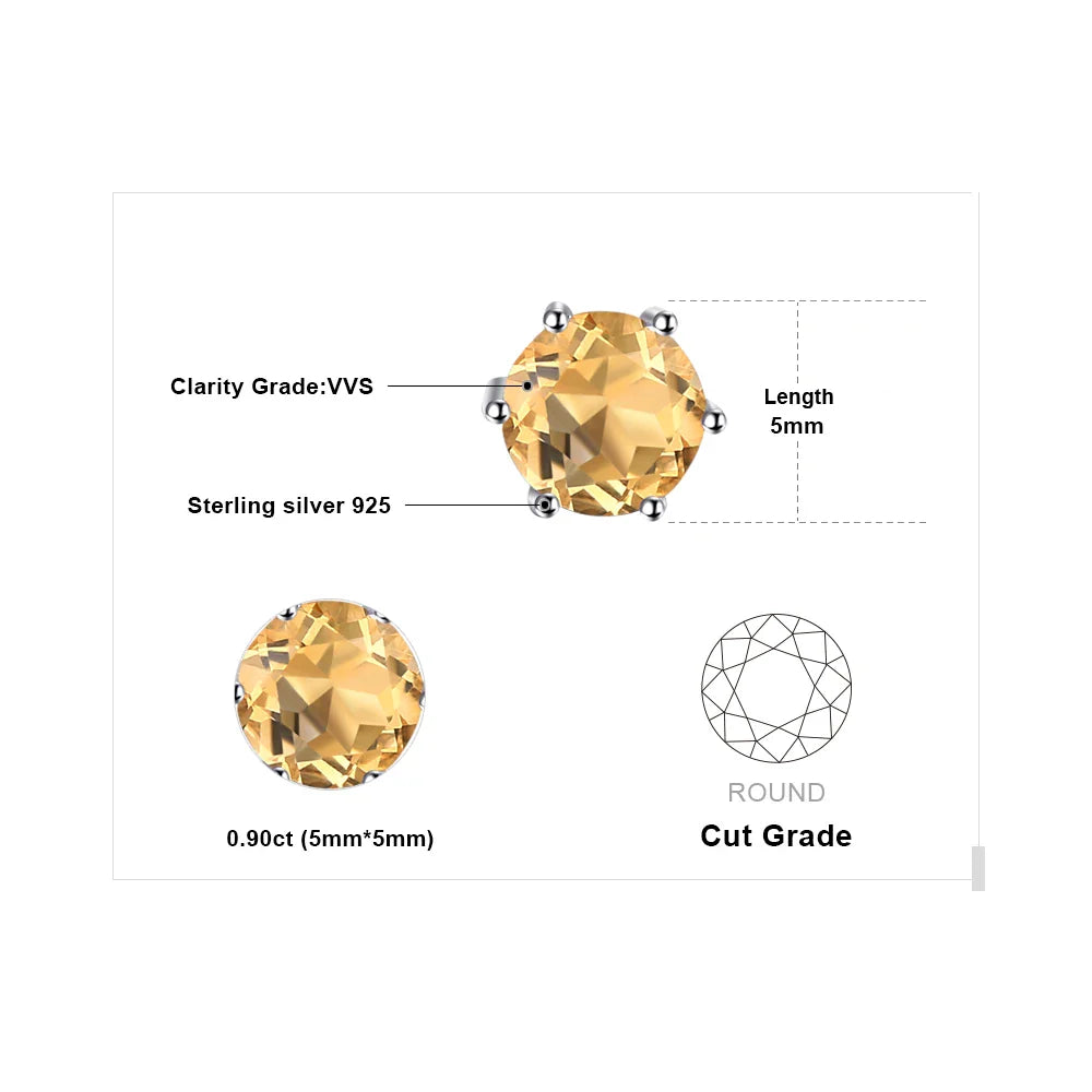 Round Natural Yellow Citrine 925 Sterling Silver Stud Earrings for Women Statement Fashion Gemstone Jewelry Gift
