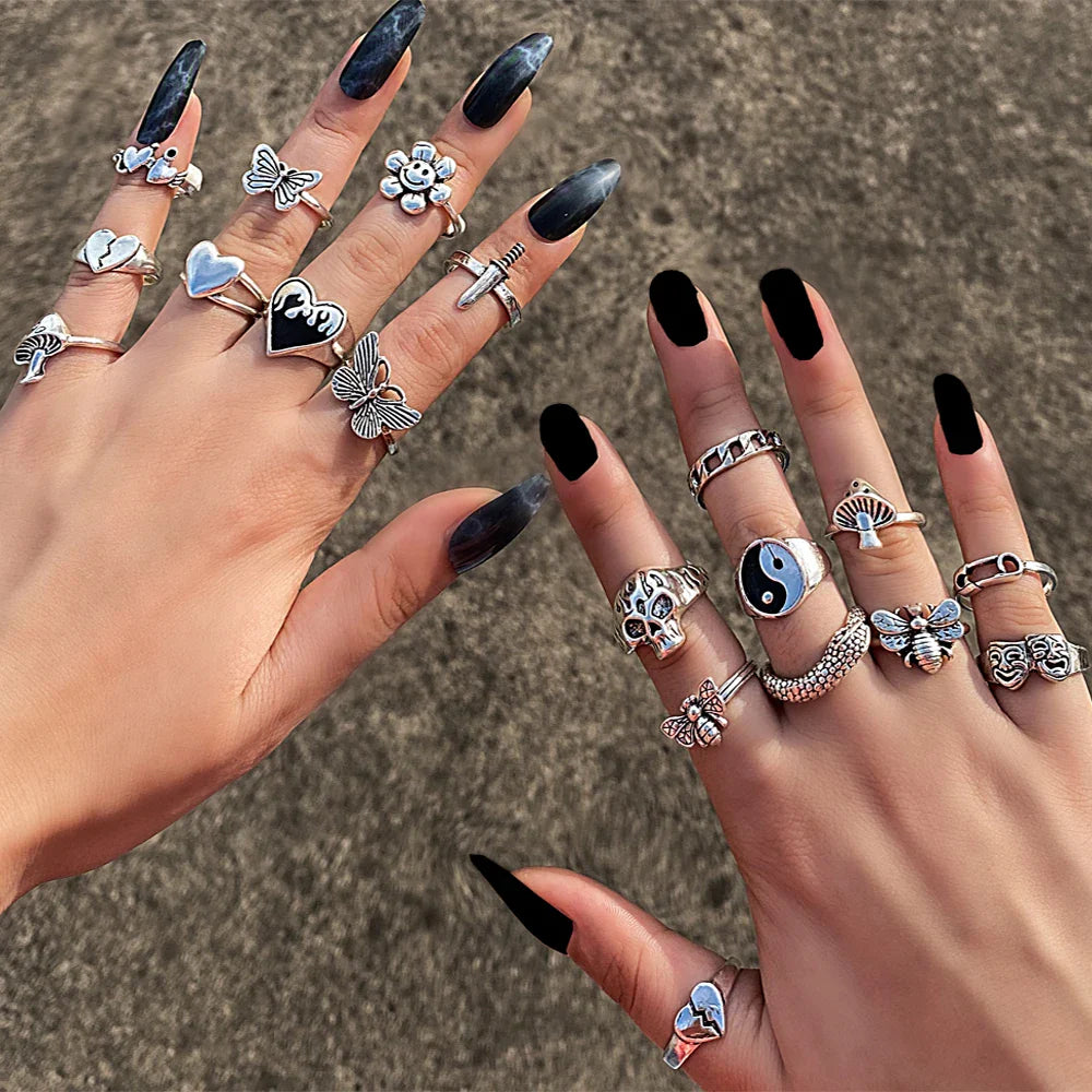 Vintage Gothic Butterfly Snake Angle Flower Multi Element Ring Set For Women Men Retro Personality Finger Adjustable Ring Gifts