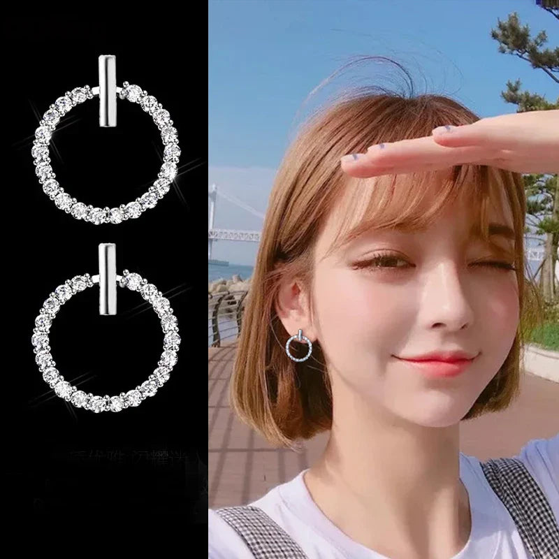 Sterling Silver Crystal Rhinestone Geometric Round Stud Earrings