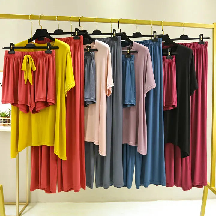 Sleeping Suit Spring Summer 3 Pieces Set Sleepwear Femme Pyjama Loose Style Home Clothes Short Sleeve Ladies Modal Pajamas
