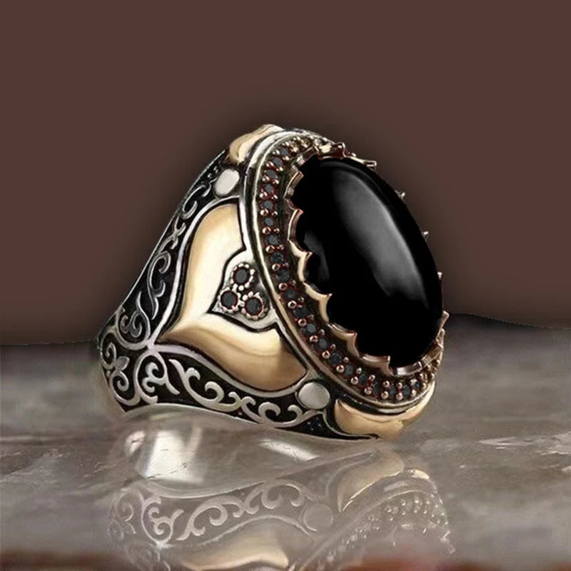 30 Styles Vintage Handmade Turkish Signet Ring For Men Women Ancient Silver Color Black Onyx Stone Punk Rings Religious Jewelry