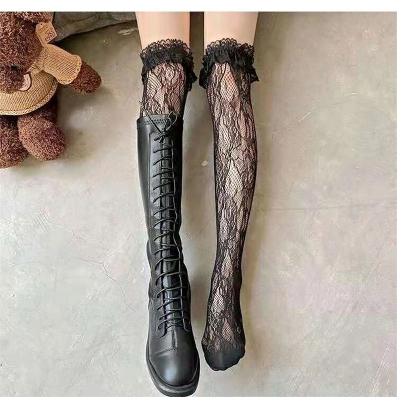 Japanese Style Stockings Lolita Bowknot Fishnet Knee Socks Anti-Snagging Women Hollow Lace Stocking Fish Net Pantyhose