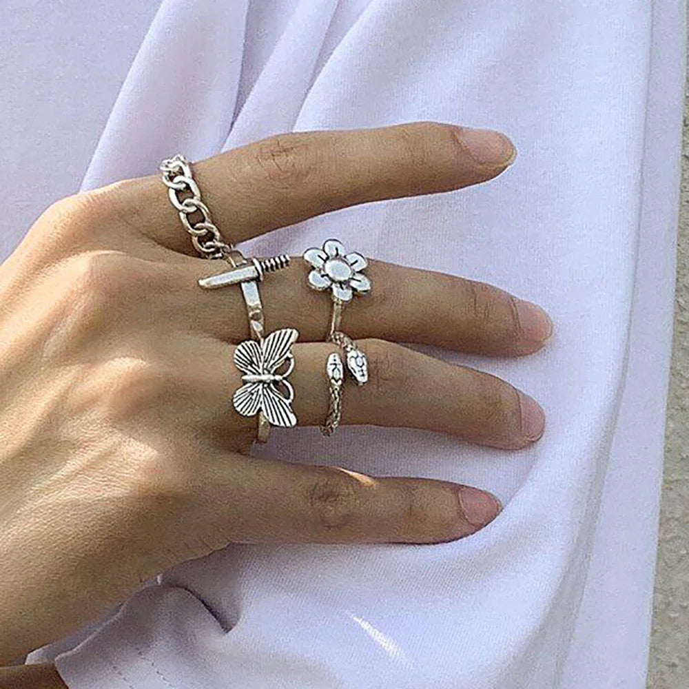 Vintage Gothic Butterfly Snake Angle Flower Multi Element Ring Set For Women Men Retro Personality Finger Adjustable Ring Gifts