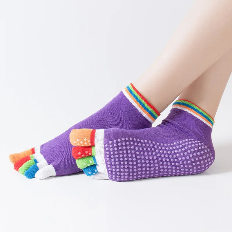 1 Pair Women Yoga Socks Colorful Anti Slip Silicone Gym Pilates Ballet Fitness Sport Socks Cotton 5 Finger Protector Quick-Dry