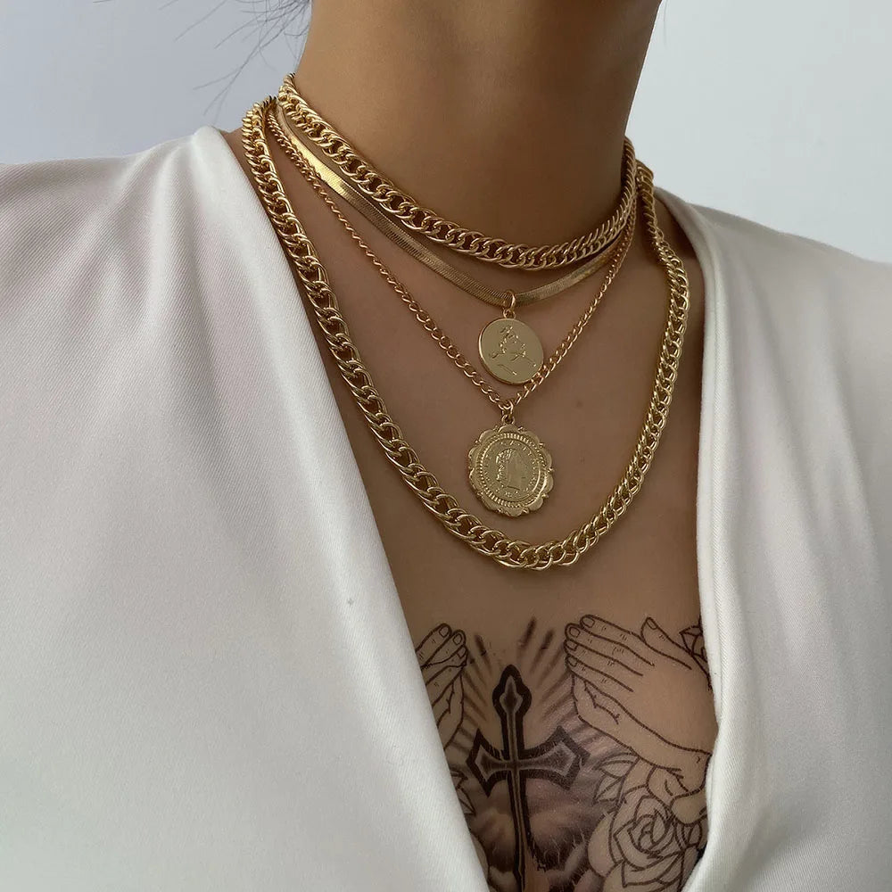 Boho Multilayer Metal Snake Chain Portrait Engraved Coin Butterfly Pendant Gold Color Thick Clavicle Necklaces Set Girls Jewelry