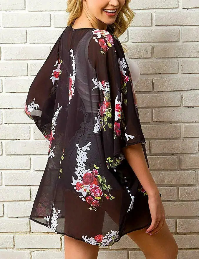 Women Floral Kimono Swim Cover-Ups Female Beach Boho Cardigan Bathing Tops Beach Bikini Cover Up Outfits