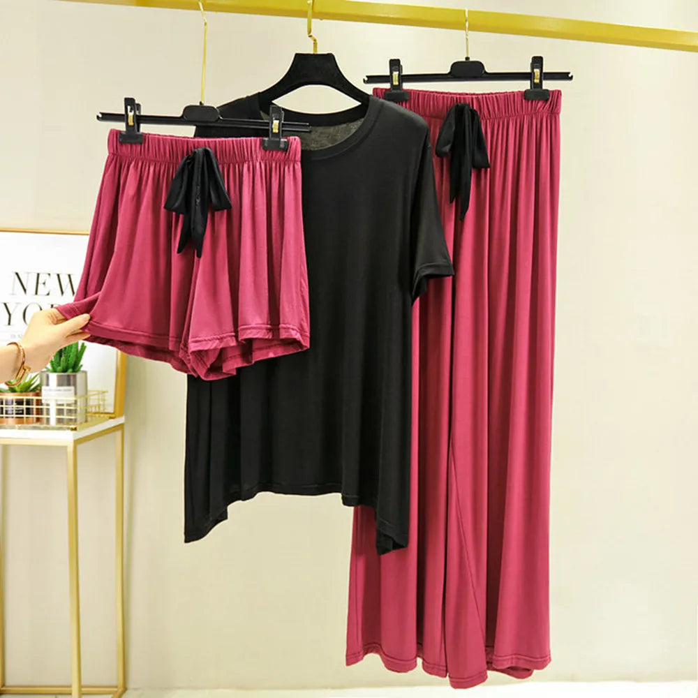 Sleeping Suit Spring Summer 3 Pieces Set Sleepwear Femme Pyjama Loose Style Home Clothes Short Sleeve Ladies Modal Pajamas