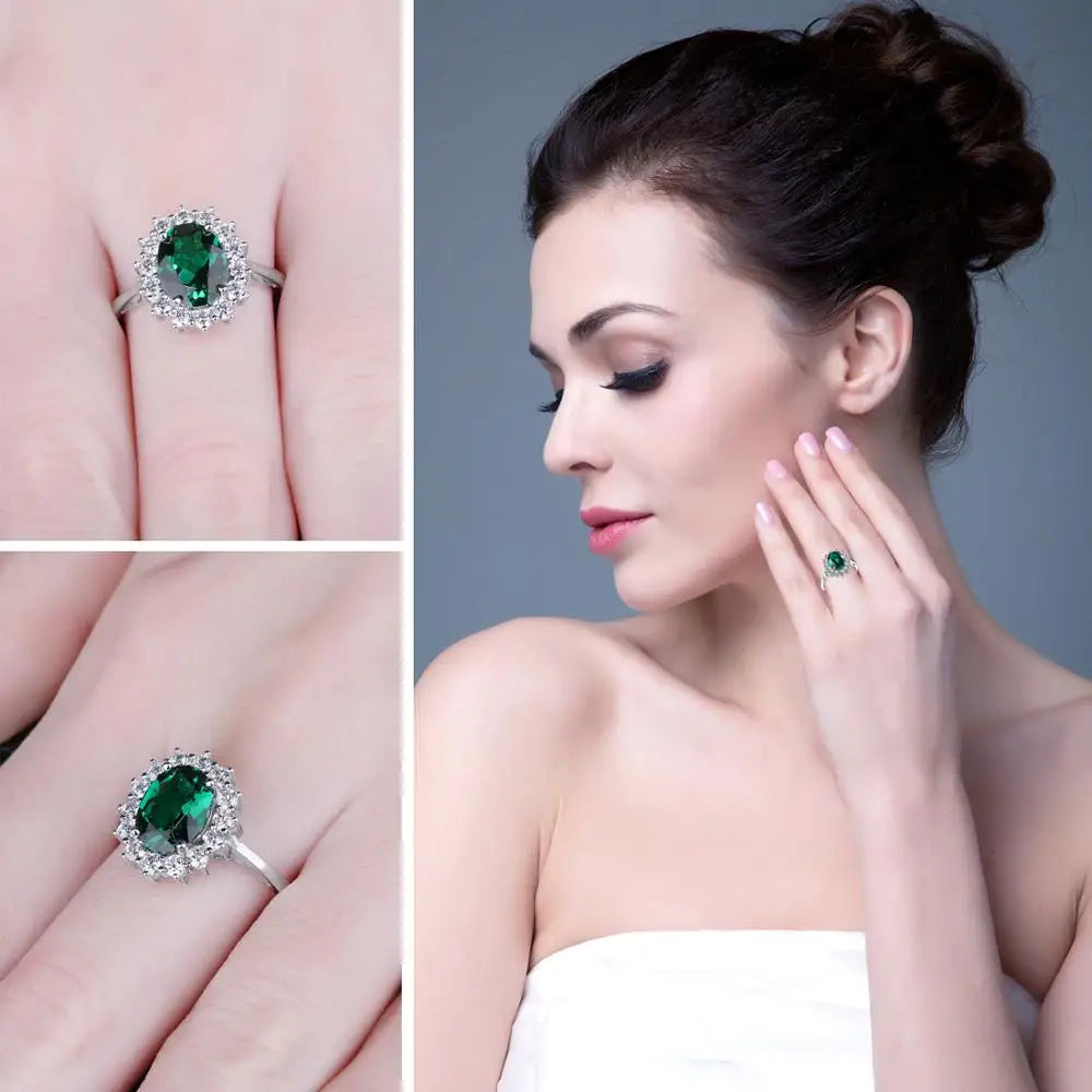 Princess Diana Simulated Emerald Created Ruby 925 Sterling Silver Halo Ring for Women Yellow Gold Rose Gold Plated