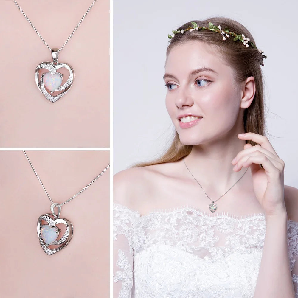 Heart Love 2.4ct Created Opal 925 Sterling Silver Pendant Necklace for Women No Chain