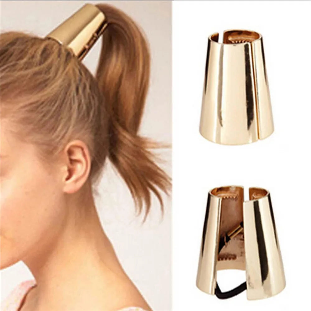 Women Punk Gothic Fake Metal Hair Cuff Ponytail Clip Tie Holder Hair Band Elastic Wrap Hair Accessories