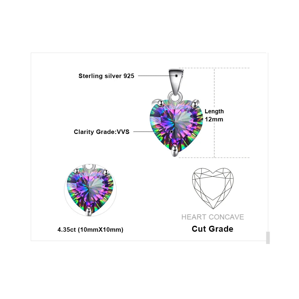 Heart Natural Rainbow Fire Mystic Quartz 925 Sterling Silver Pendant Necklace for Women Gemstone Choker No Chain