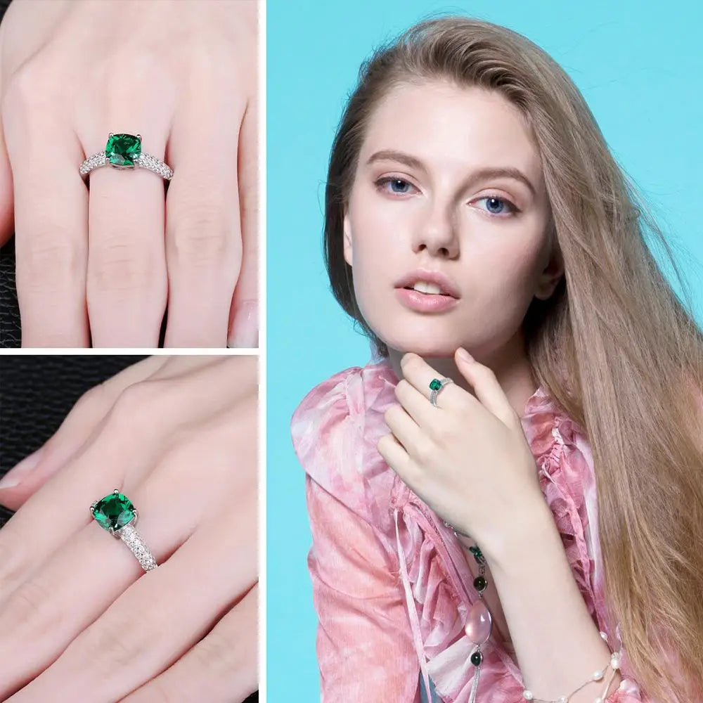 Green Simulated Nano Emerald Created Ruby Ring 925 Sterling Silver Gemstone Solitaire Engagement Rings for Women