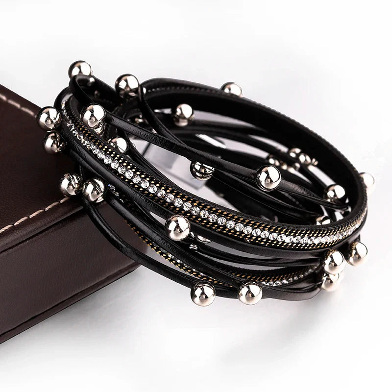 Metal Beads Charm Leather Bracelets for Women Fashion Crystal Chain Bohemian Multilayer Wrap Bracelet Female Jewelry-Dollar Bargains Online Shopping Australia