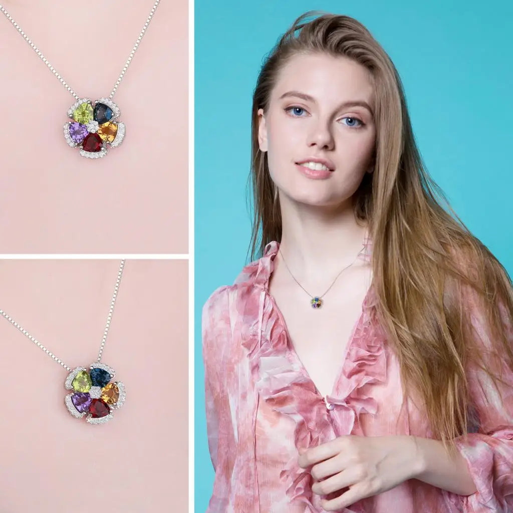 2.6ct Genuine Blue Topaz Amethyst Citrine Garnet Peridot 925 Sterling Silver Pendant Necklace for Woman No Chain
