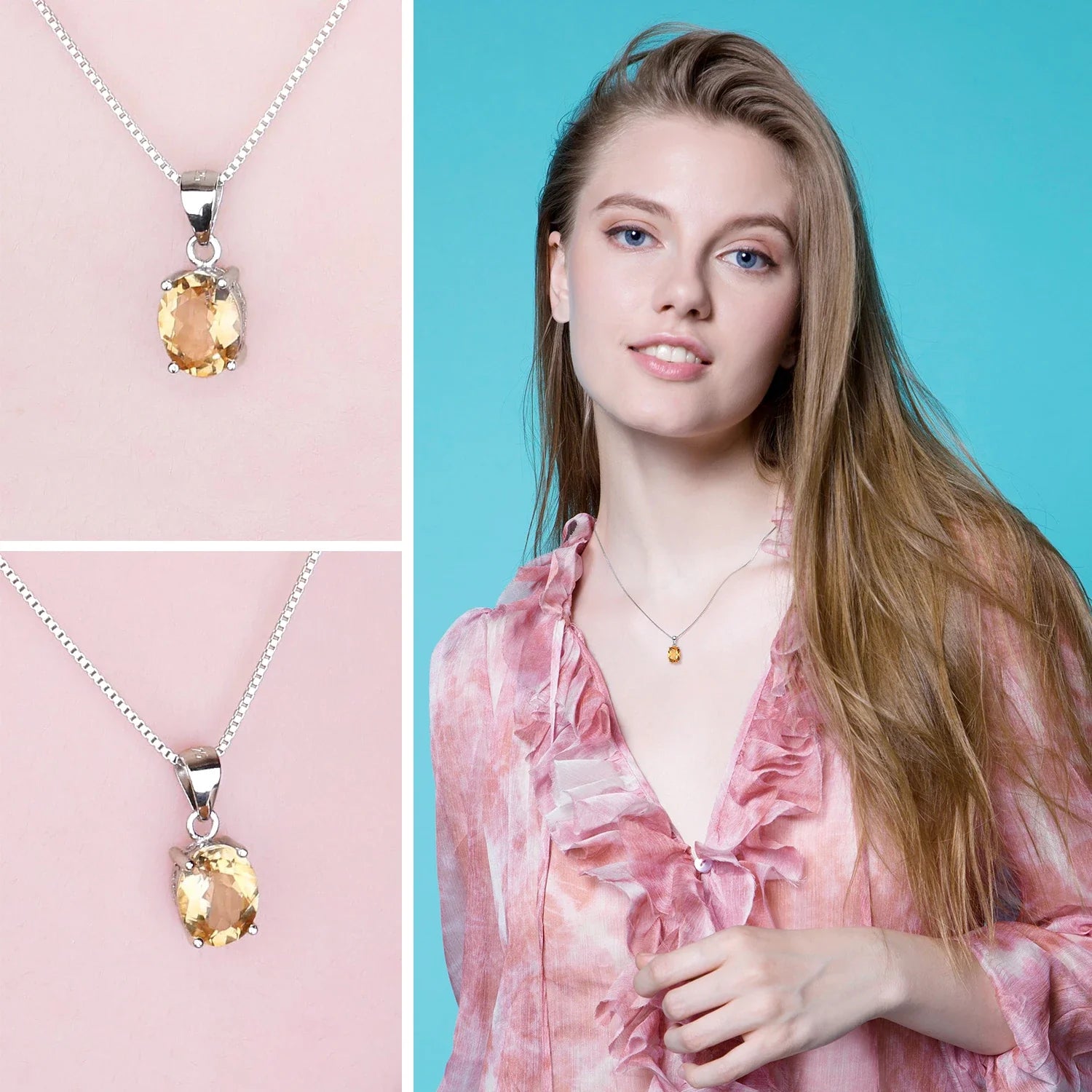 Oval Yellow Genuine Natural Citrine 925 Sterling Silver Pendant Necklace Gemstone Necklace for Women No Chain