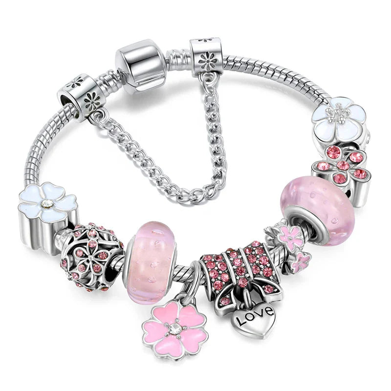 Vintage Silver Color Charms Bracelets for Women DIY Crystal Beads Brand Bracelets Women