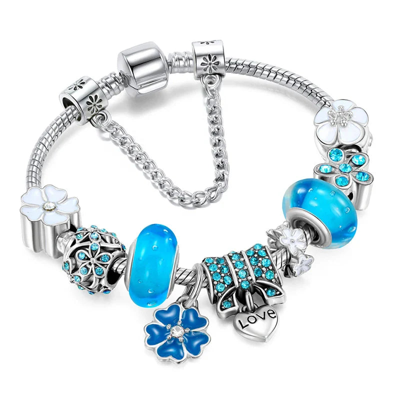 Vintage Silver Color Charms Bracelets for Women DIY Crystal Beads Brand Bracelets Women