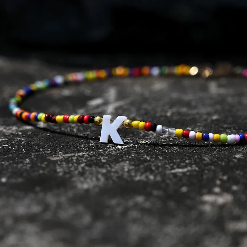 Bohemia Beaded Choker Necklace for Women Initial 26 Letters Pendant Chain Necklace Fashion Shell Pearl Jewelry Boho Accessories
