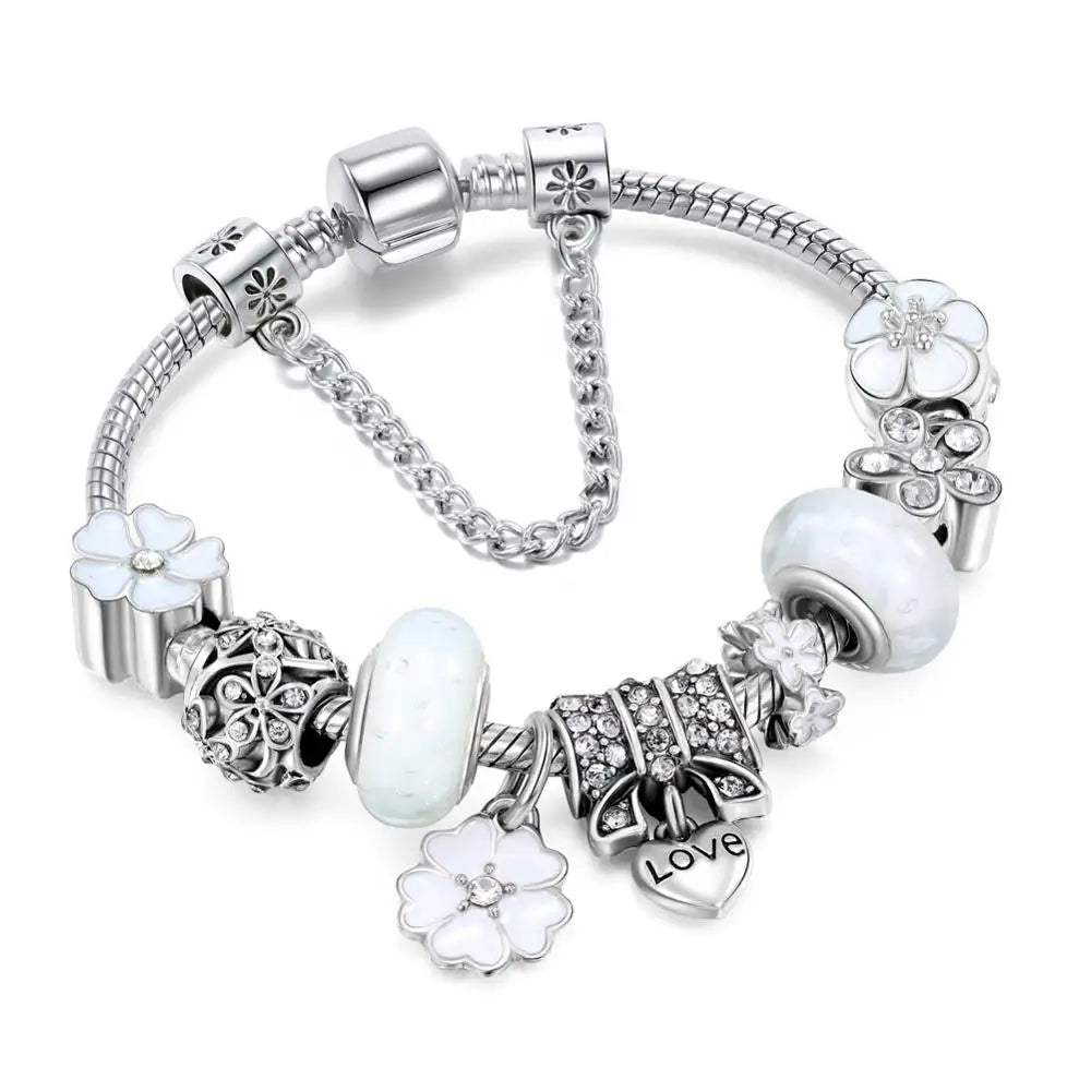 Vintage Silver Color Charms Bracelets for Women DIY Crystal Beads Brand Bracelets Women