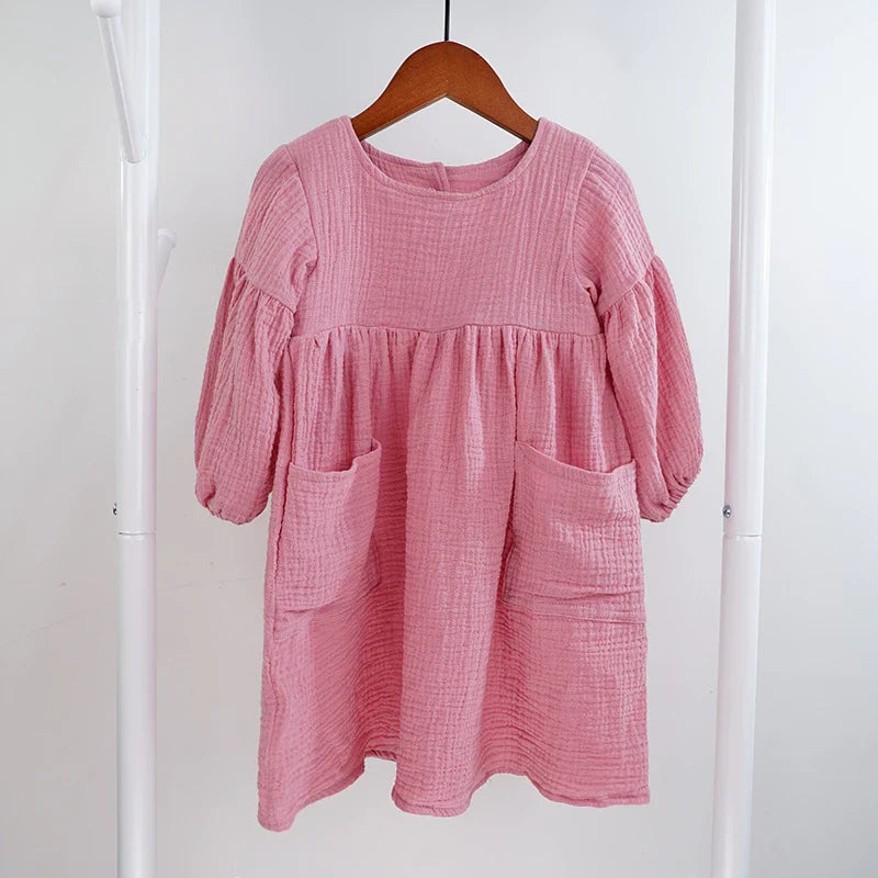 Children's Organic Cotton Double Gauze Loose Pockets Baby Girls Dress Fashion Princess Casual Kids Dresses-Dollar Bargains Online Shopping Australia