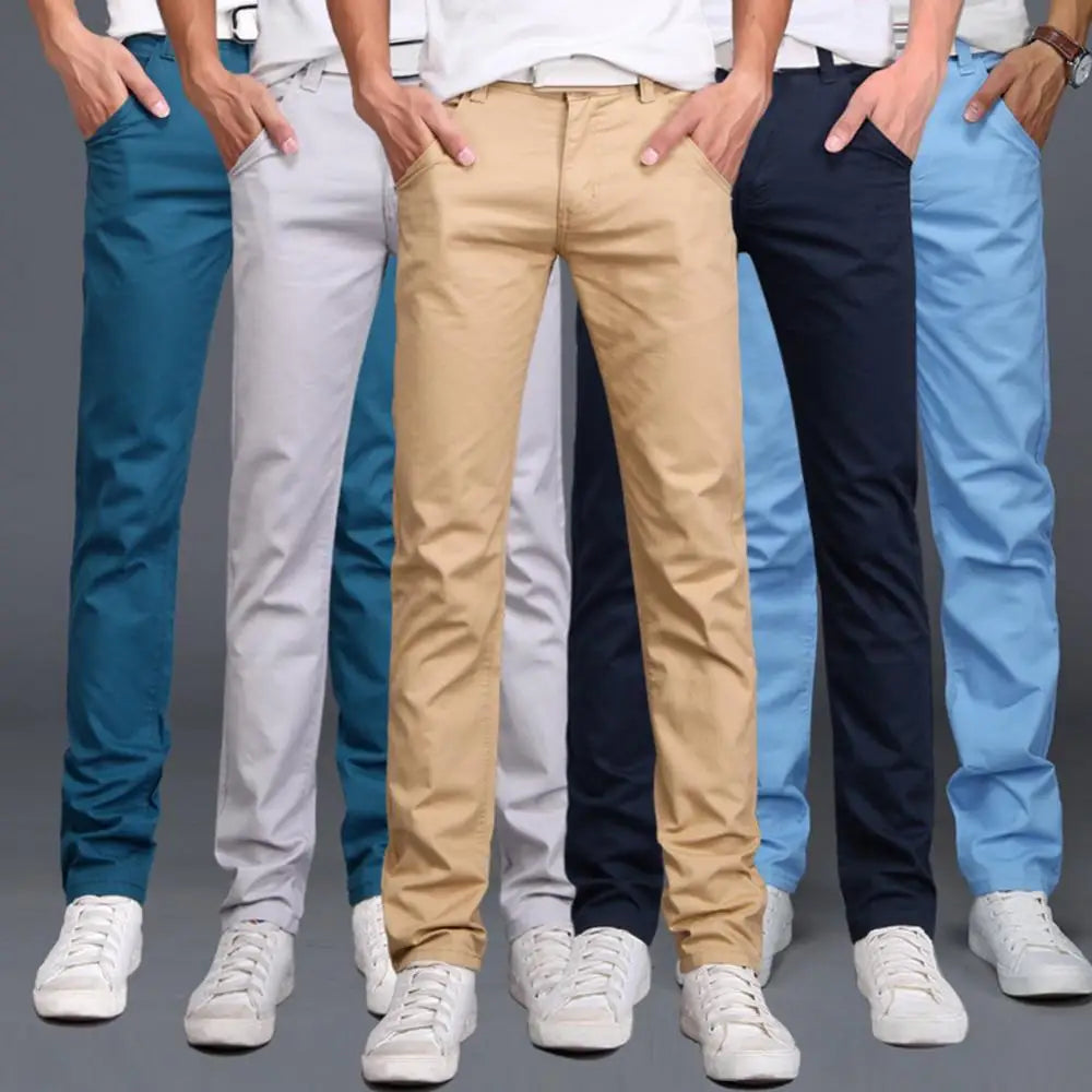 Casual Men Pants Autumn New Solid Color Button Cotton Straight Long Pants Pockets Business Trousers Fashion Male Plus Size Pants