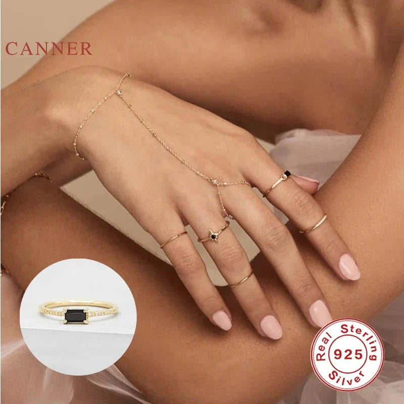 Square Black Diamond Ring Sterling Silver Gold Rings For Women Luxury Fine Jewelry Wedding Rings-Dollar Bargains Online Shopping Australia