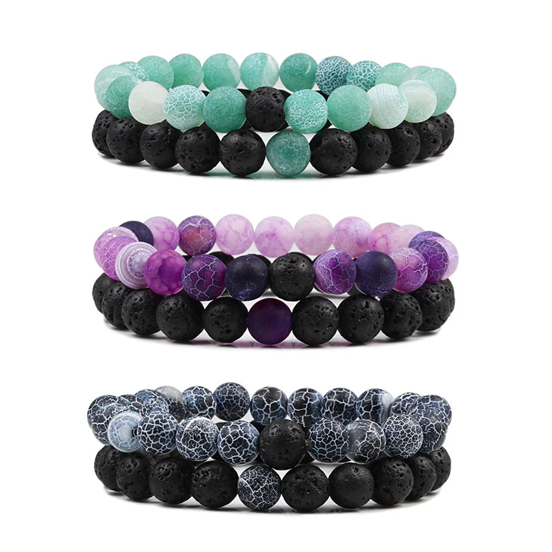 Beaded Bracelets Bangles Set Natural Lava Stone Couples Distance Energy Elastic Rope Men Women Best Friend Jewelry Gift