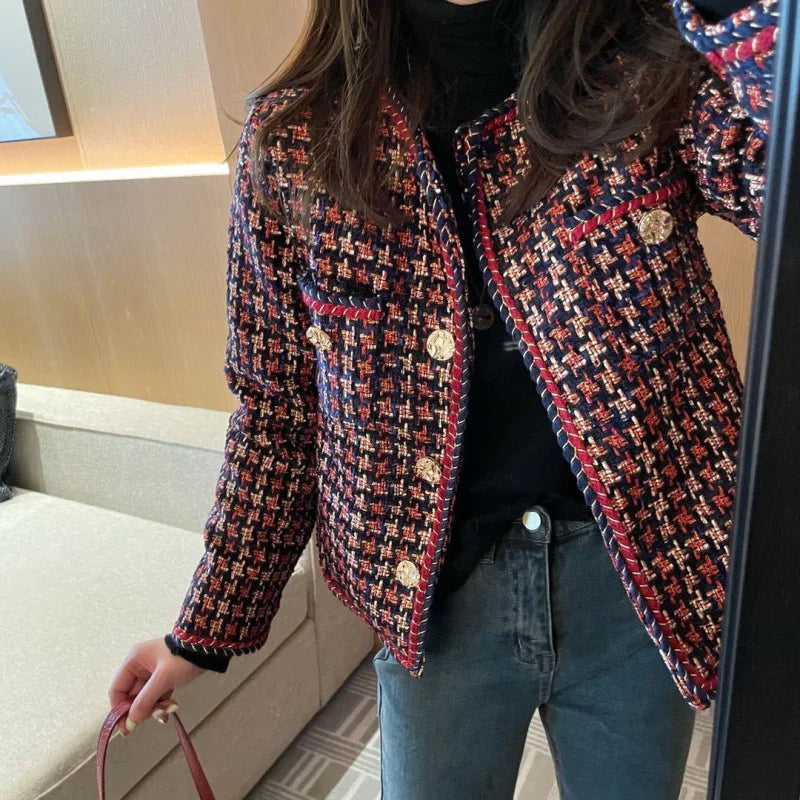 Elegant Weave Plaid Women Blazer Pocket Plus Velvet Winter Causal Tweed Coat Office Ladies Suit Jacket-Dollar Bargains Online Shopping Australia