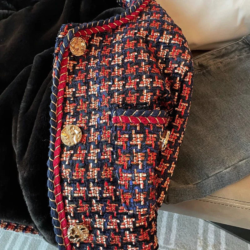 Elegant Weave Plaid Women Blazer Pocket Plus Velvet Winter Causal Tweed Coat Office Ladies Suit Jacket-Dollar Bargains Online Shopping Australia