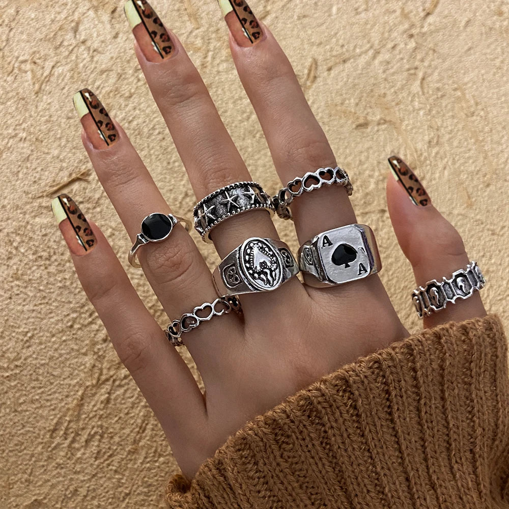 Vintage Gothic Butterfly Snake Angle Flower Multi Element Ring Set For Women Men Retro Personality Finger Adjustable Ring Gifts