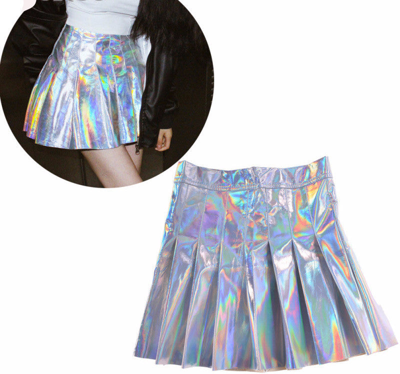 Punk Style Women Harajuku Skirt Holographic Hologram Metallic Skirt Silver Pleated Mini Skirt Saia