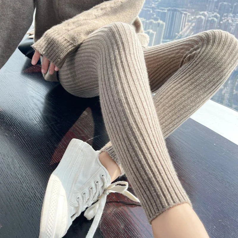 Slim Leggings Autumn Women High Waist Casual Trousers Knitted Ribbed Thicken Solid Elasticity Thermal Ankle-Length Leggins-Dollar Bargains Online Shopping Australia