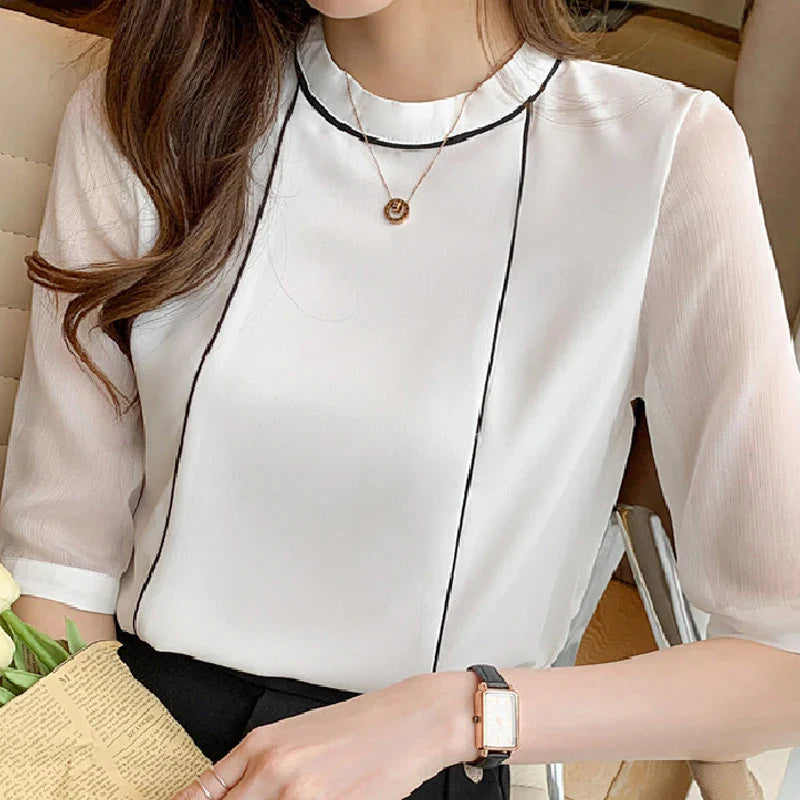 O-Neck Blue Chiffon Blouse Shirt Tops Women Short Sleeve Blouse Women-Dollar Bargains Online Shopping Australia
