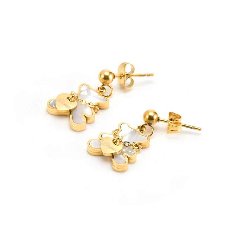 White Shell Cute Little Bear Peach Heart Stainless Steel Jewelry Set Necklace Earrings Bracelet or women-Dollar Bargains Online Shopping Australia