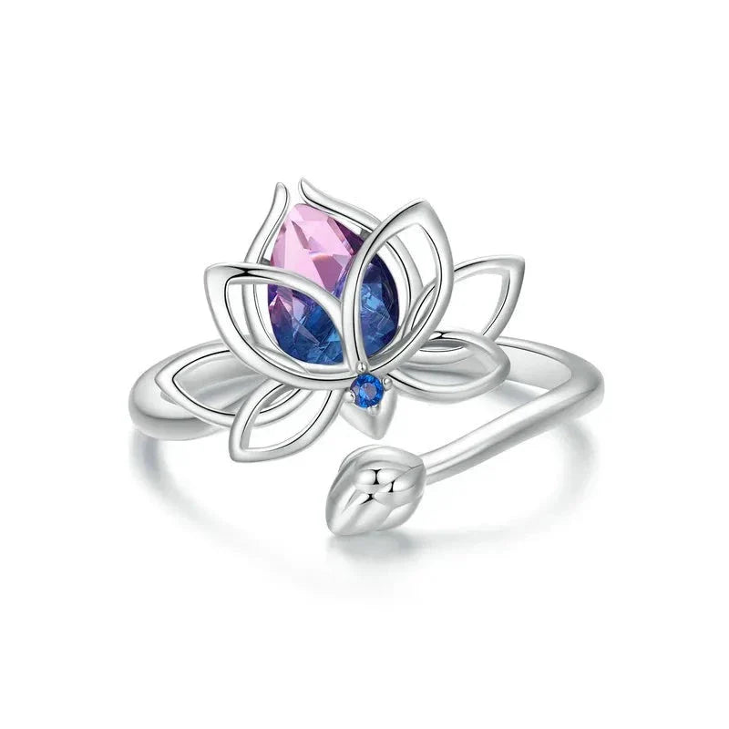 Sterling Silver Bi Color Lotus Flower Ring For Women Drop Purple pink Crystal Opening Rings Wedding Party Jewelry Gift
