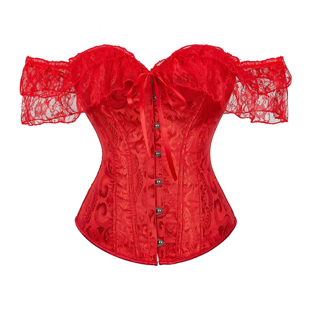 Lace Short Sleeves Overbust Corset Red Black White Beige Green Corselet Steampunk Waist Bustier Top Gorset-Dollar Bargains Online Shopping Australia