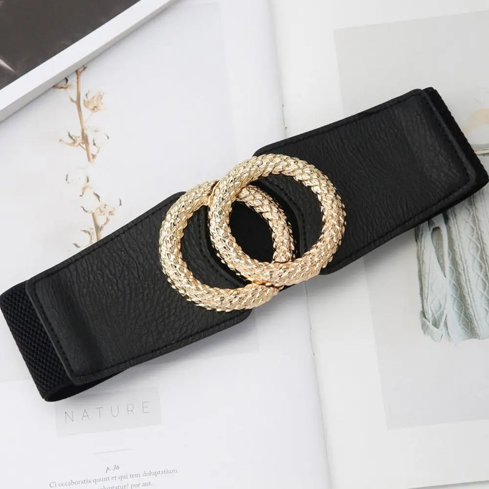 Wide Belts Decorated Elastic Leather Waistband Gold Buckle Dress Sweater Waist Belt for Woman