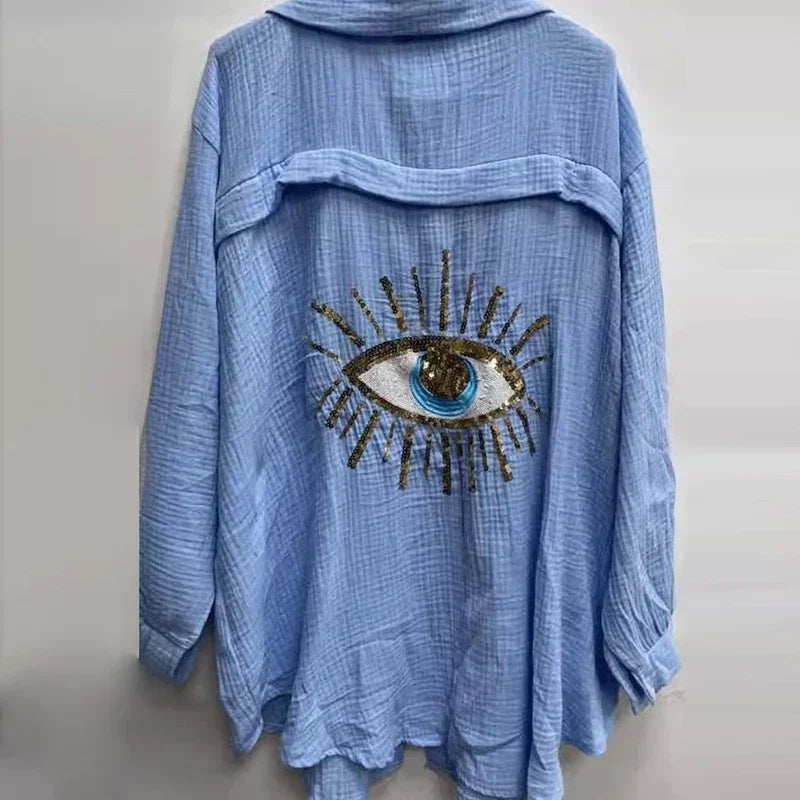 Evil Eye Casual Sequin Beaded Shirt Spring Geometric Eye Top Long Sleeve Loose Shirts Summer Turn-down Collar Button Long Blouse-Dollar Bargains Online Shopping Australia