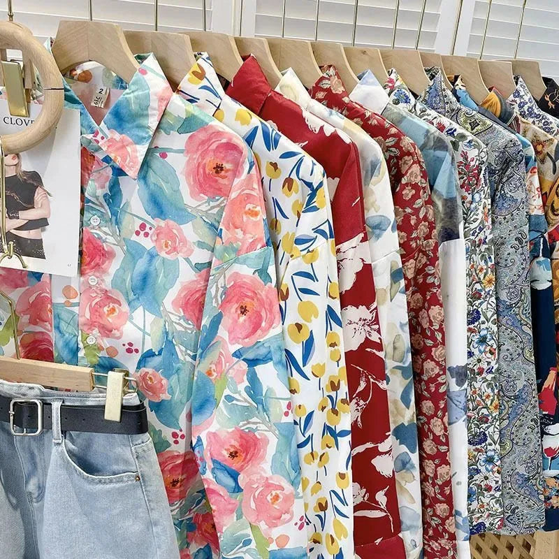 Vintage Printing Long Sleeve Shirts Women Y2K Spring Summer Chiffon Loose Casual Button Top Bf Korean Chic All-Match