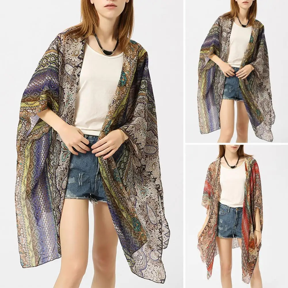 Women Summer Kimono Cardigans Boho Beach Cover Up Tops Beachwear Hawaii Chiffon Cardigan Top Swimsuit Cover-Up Beach Cardigan