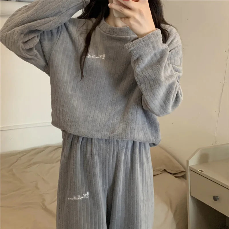 Winter Warm Flannel Fleecing Women Pyjamas Sets Thick Coral Velvet Long Sleeve Cartoon Sleepwear 2pcs Flannel Pajamas Set-Dollar Bargains Online Shopping Australia